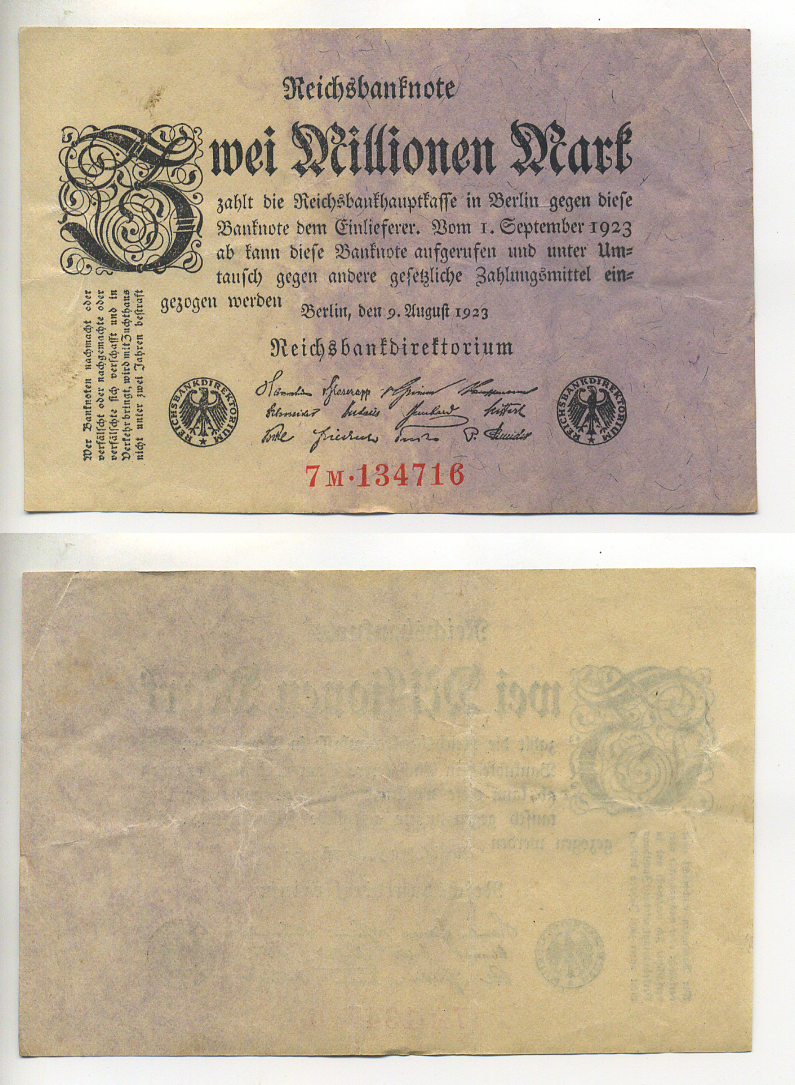 Германия 2000000 марок 1923 9 августа 1923, серия М Pick 103, Rosenberg 102c бумага 7217-70-3-2