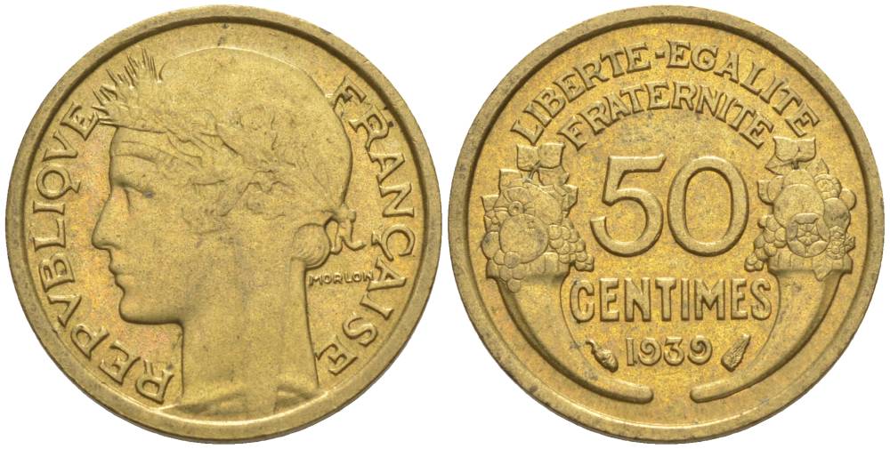 ФРАНЦИЯ 50 САНТИМОВ 1939 ТИП MORLON KM 894.1, LE FRANC 192.15 алюминиевая бронза 44-833