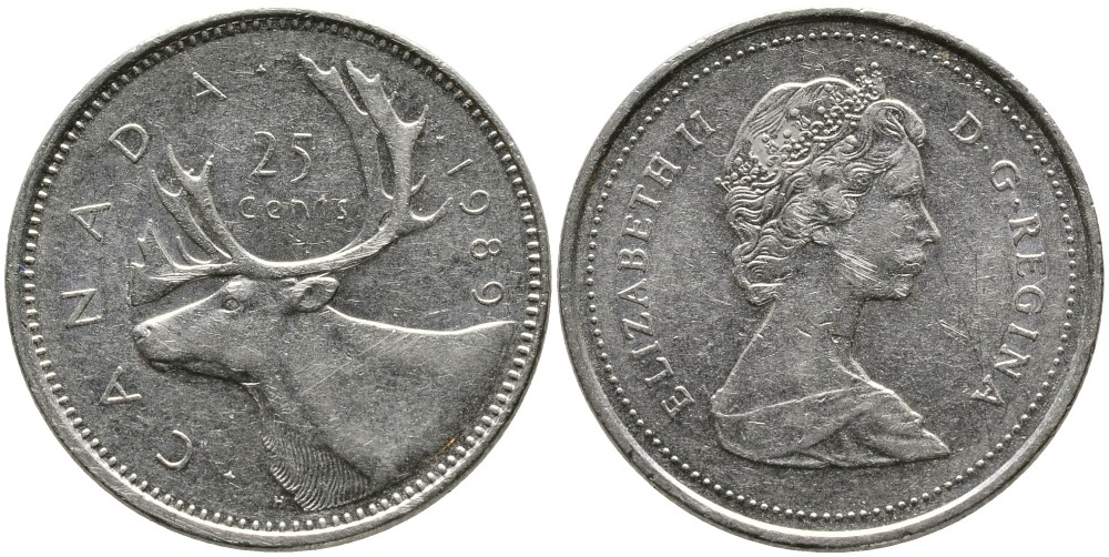КАНАДА 25 ЦЕНТОВ 1989 ЕЛИЗАВЕТА II (1952-), ОЛЕНЬ, ВТОРОЙ ПОРТРЕТ В КОРОНЕ KM 74 никель 4543-752