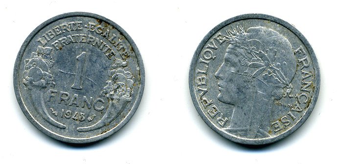 ФРАНЦИЯ 1 ФРАНК 1948 ТИП MORLON, LEGERE KM 885a.1, LE FRANC 221.13 алюминий 37-316