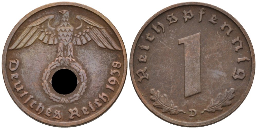 Германия 1 рейхспфенниг 1938 D KM 89, J. 361 бронза 4567-1058