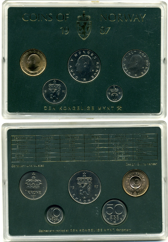 Норвегия набор из 5 монет 1987 официальный набор в пластике, монетный двор KONGELIGE    BUNC  1-6-2-14
