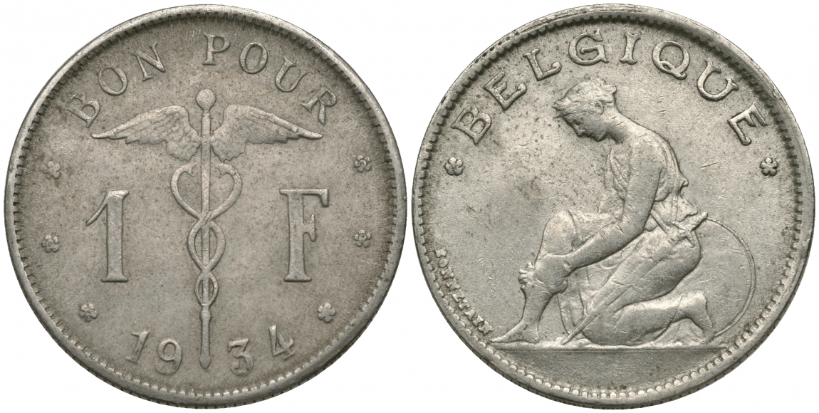 БЕЛЬГИЯ 1 ФРАНК 1934 BELGIQUE KM 89 никель 51-2133