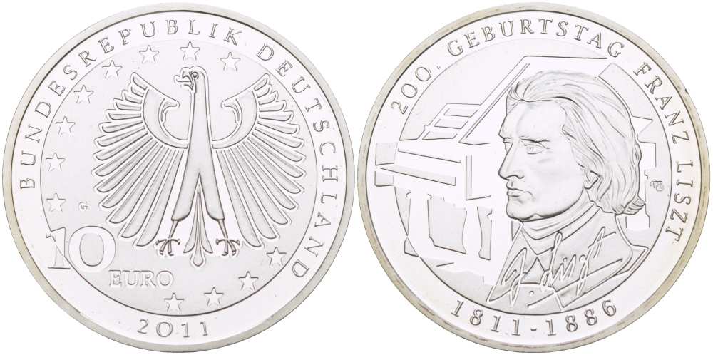 ФРГ 10 евро 2011 G, 200 лет со дня рождения Франца Листа KM 295, DE.S. 10.55 серебро PROOF 1082-9-33