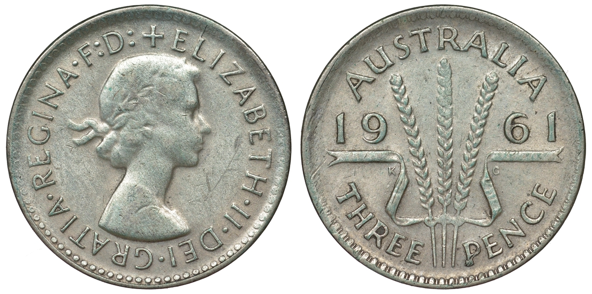 Австралия 3 пенса 1961 m, Елизавета II (1952-2022) KM 57 серебро 71-817