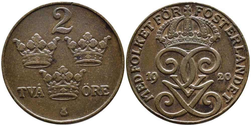 Швеция 2 эре 1920 Густав V (1907-1950) KM 778 бронза 80-521