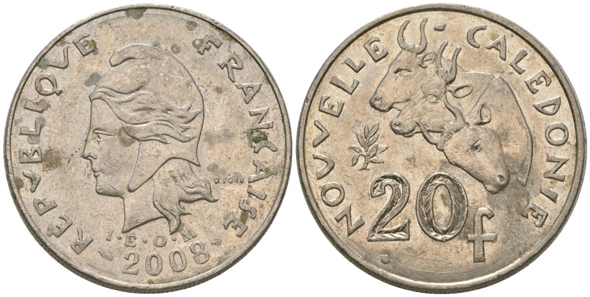 Французская Новая Каледония 20 франков 2008 три быка, (IEOM) KM 12a, Schoen 14a медно-никель 4131-1045