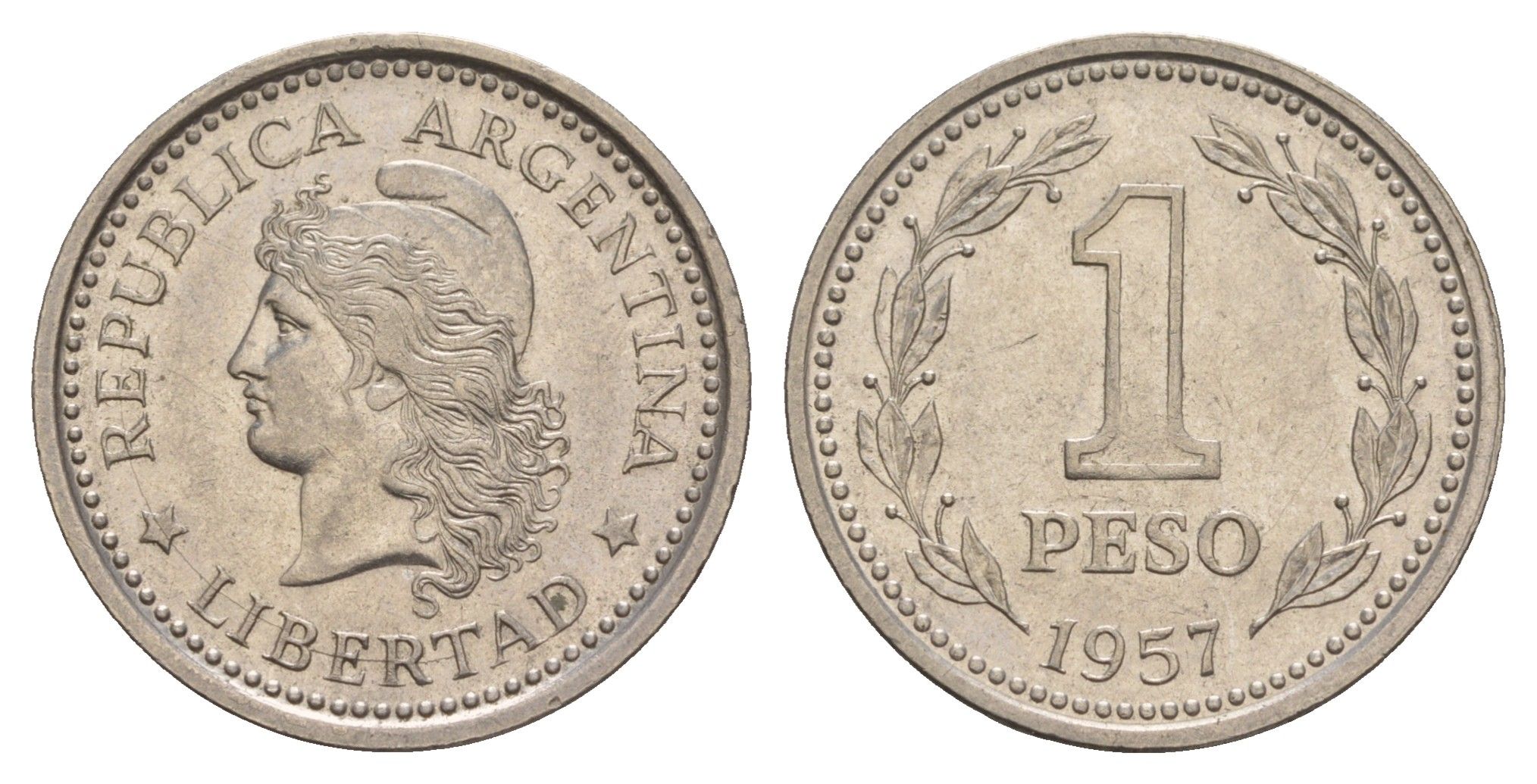 Аргентина 1 песо 1957 KM 57 сталь плакированная никелем 4656-1135