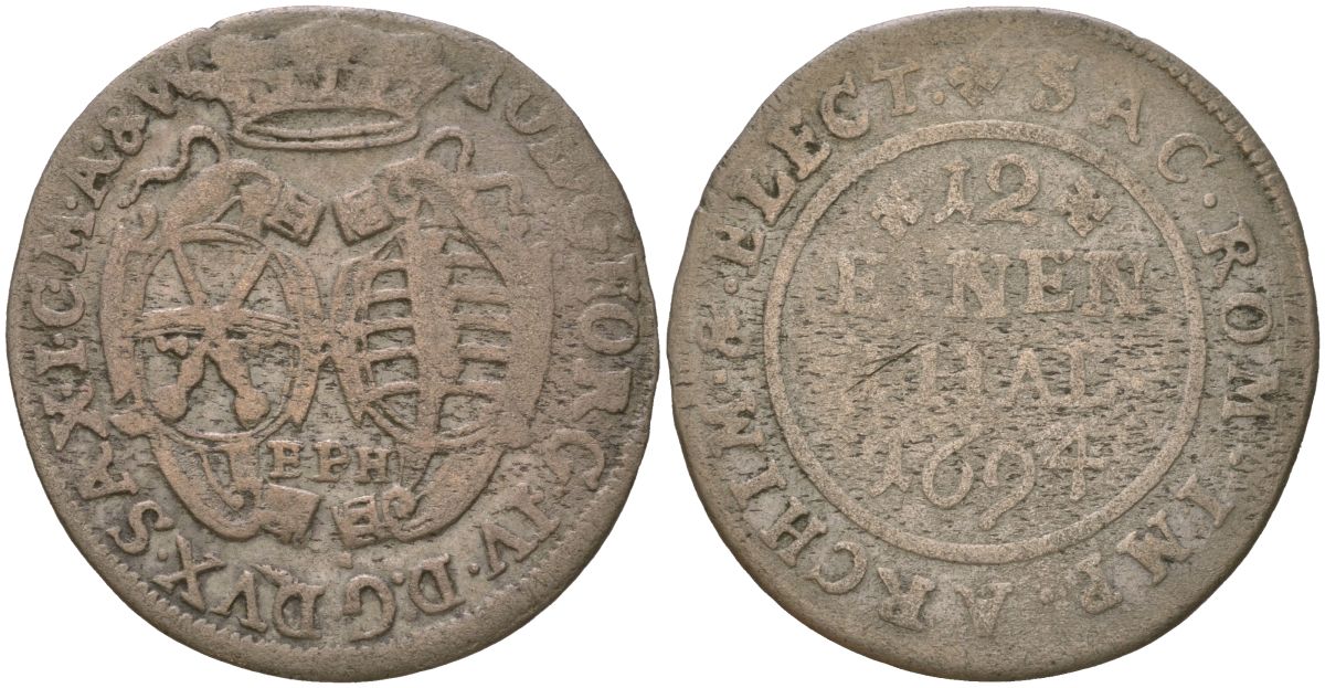 Саксония 1/12 талера 1694 EPH, Иоганн Георг IV (1691-1694), Альбертинская Линия KM 638 серебро 4584-944