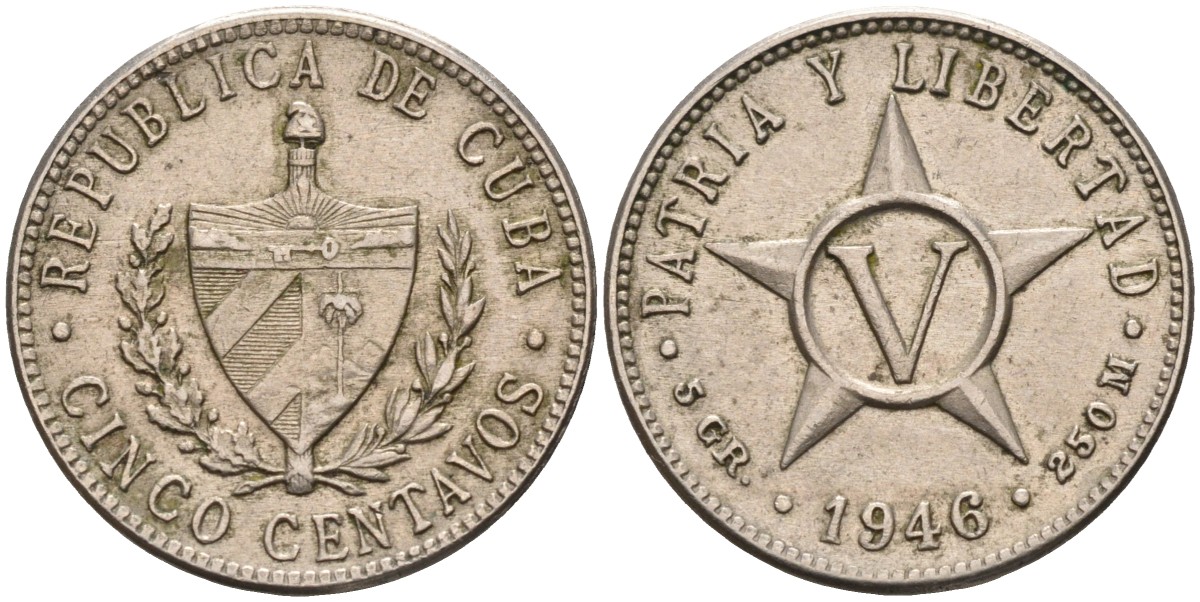 Куба 5 сентаво 1946 звезда KM 11.3 медно-никель 4591-113