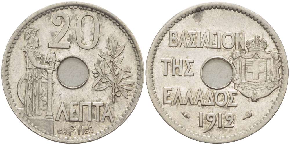 Греция 20 лепта 1912 король Георг I (1863-1913), Афина KM 64 никель 93-124
