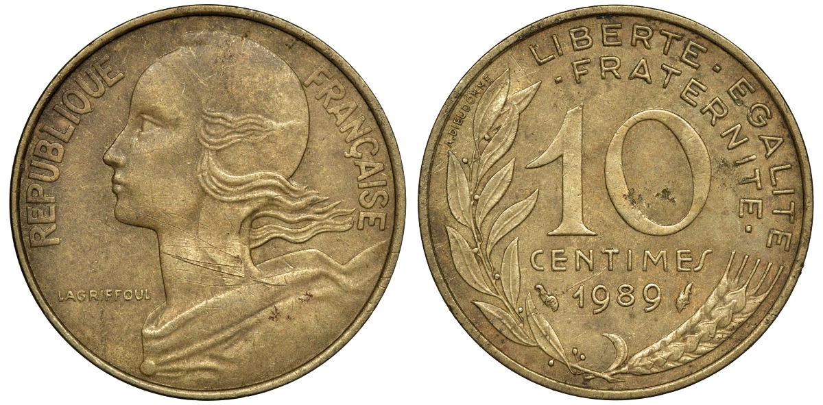 Франция 10 сантимов 1989 тип Marianne KM 929, le Franc 144.29 алюминиевая бронза 91-946