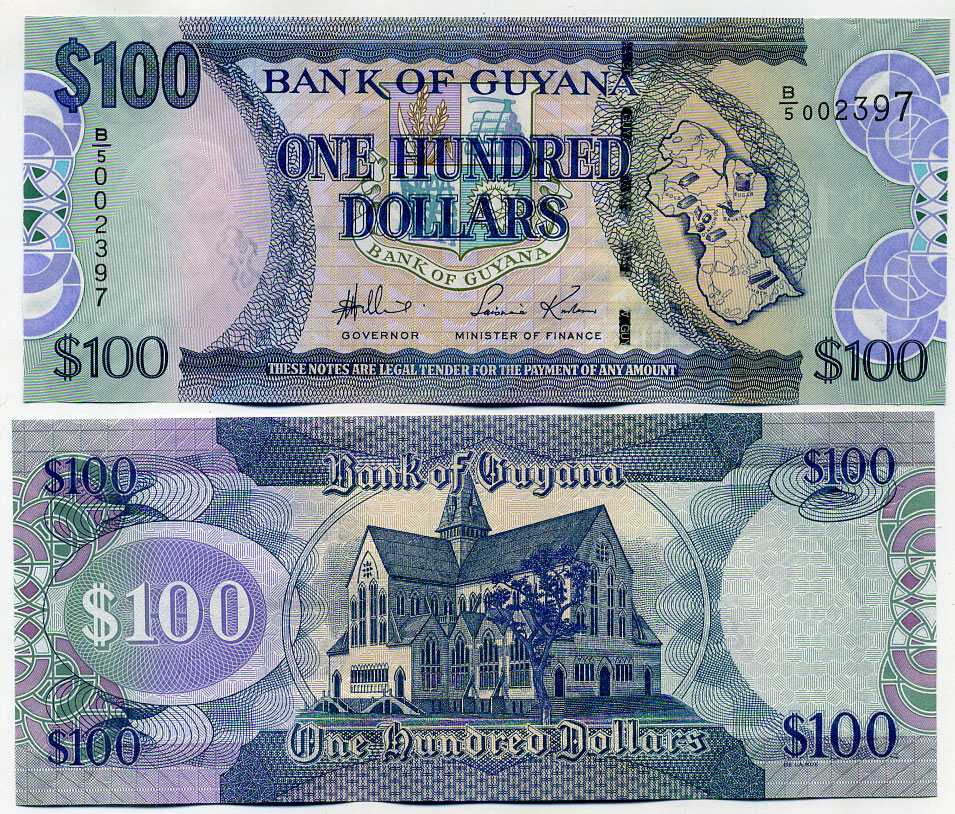 Гайана 100 долларов ND (2005) подпись 15, карта Гайаны, собор Святого Георгия Pick 36 a бумага UNC (пресс) 447-79-2