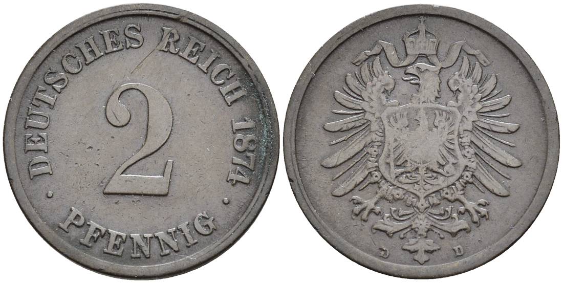 ГЕРМАНИЯ 2 ПФЕННИГА 1874 D, СТАРОГЕРБОВКА, РЕДКАЯ KM 2, Jager 2, Weege 3 медь 4546-534