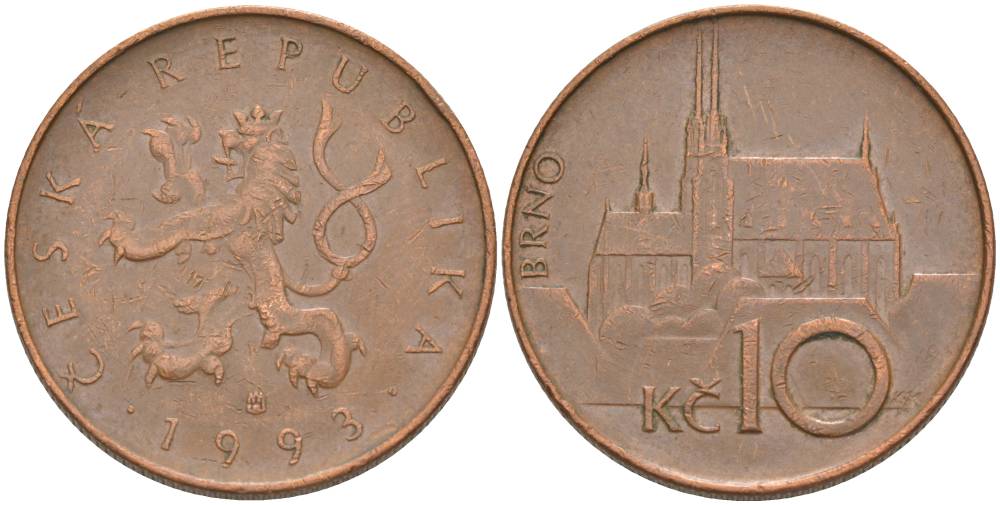 Чехия 10 крон 1993 кафедральный собор в Брно KM 4 сталь плакированная медью 186-1222