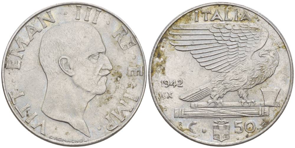 Италия 50 чентезимо 1942 R, Виктор Эммануил III (1900-1946), XX год KM 76b, VEM3. 1064 нержавеющая сталь 85-443