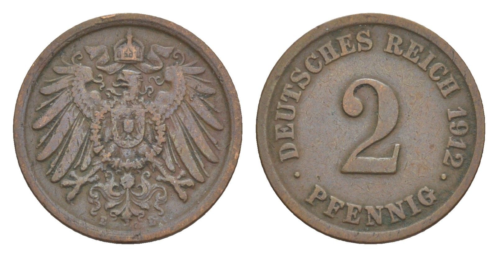 Германия 2 пфеннига 1912 E, Вильгельм II (1888-1918) KM 16, J. 11, Weege 4 медь 4639-1222