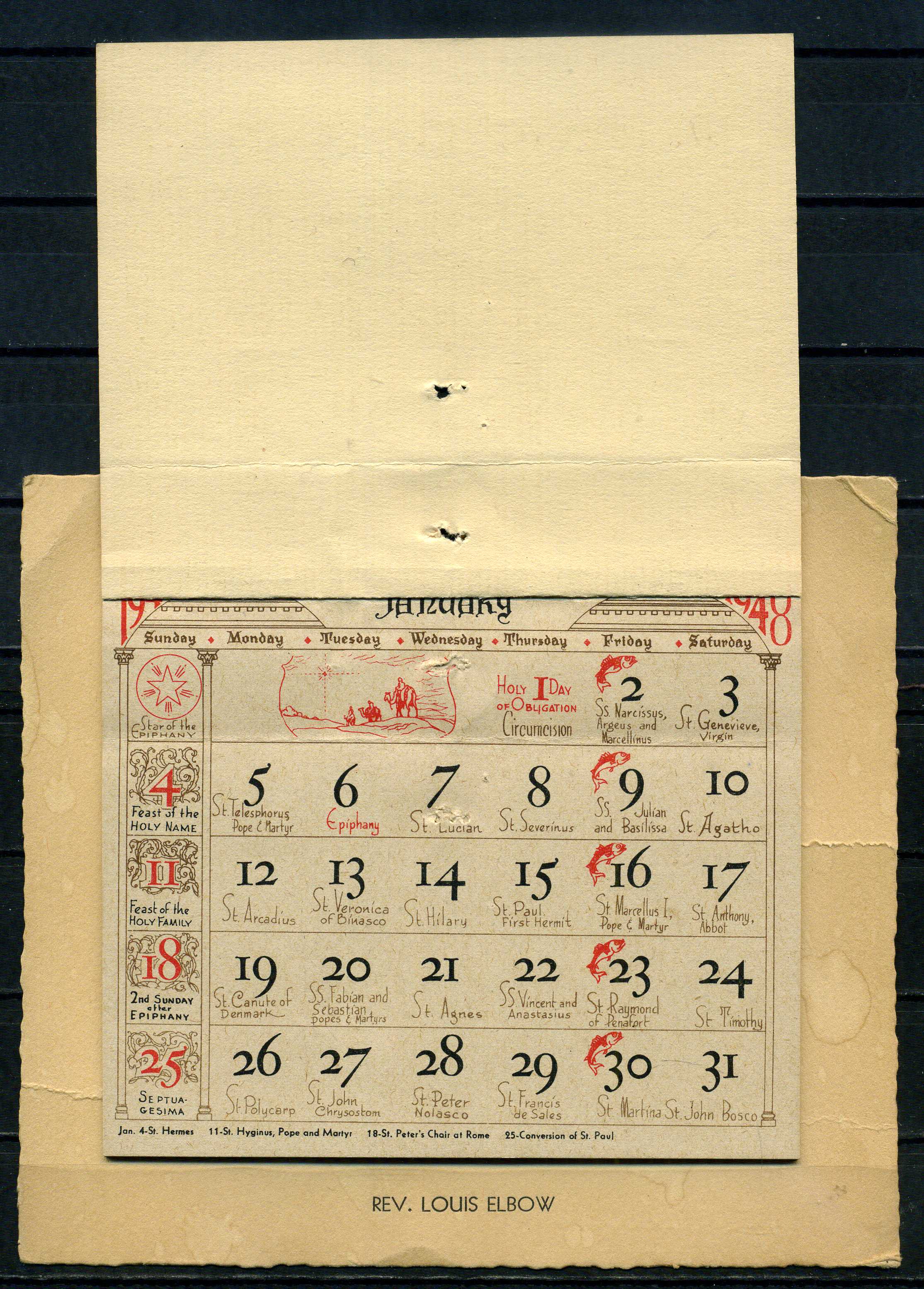 США календарь за 1948 (будет совпадать с 2026 годом) 1947 с обозначением христианских праздников, изображение Мадонны с Младенцем 1-3-1-03