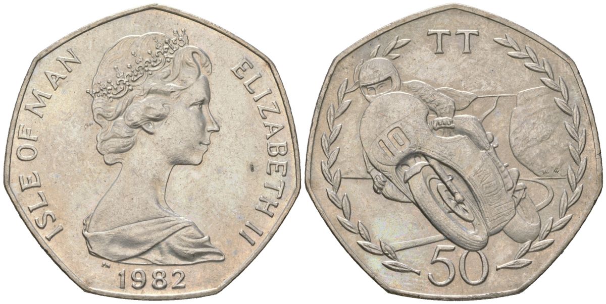 Остров Мэн 50 пенсов 1982 Мотогонки "Tourist Trophy" KM 101 медно-никель aUNC 4619-145
