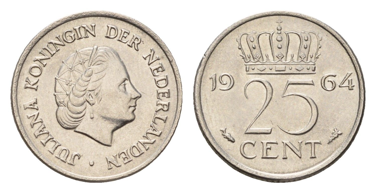 Нидерланды 25 центов 1964 Юлиана (1948-1980) KM 183 никель 4658-828