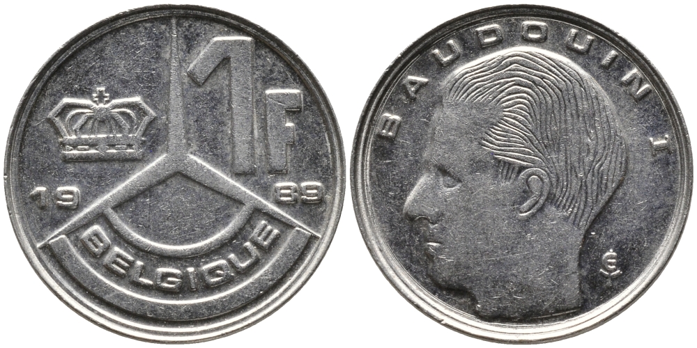 Бельгия 1 франк 1989 Belgique, Бодуэн I (1951-1993) KM 170 железо плакированное никелем 99-1218