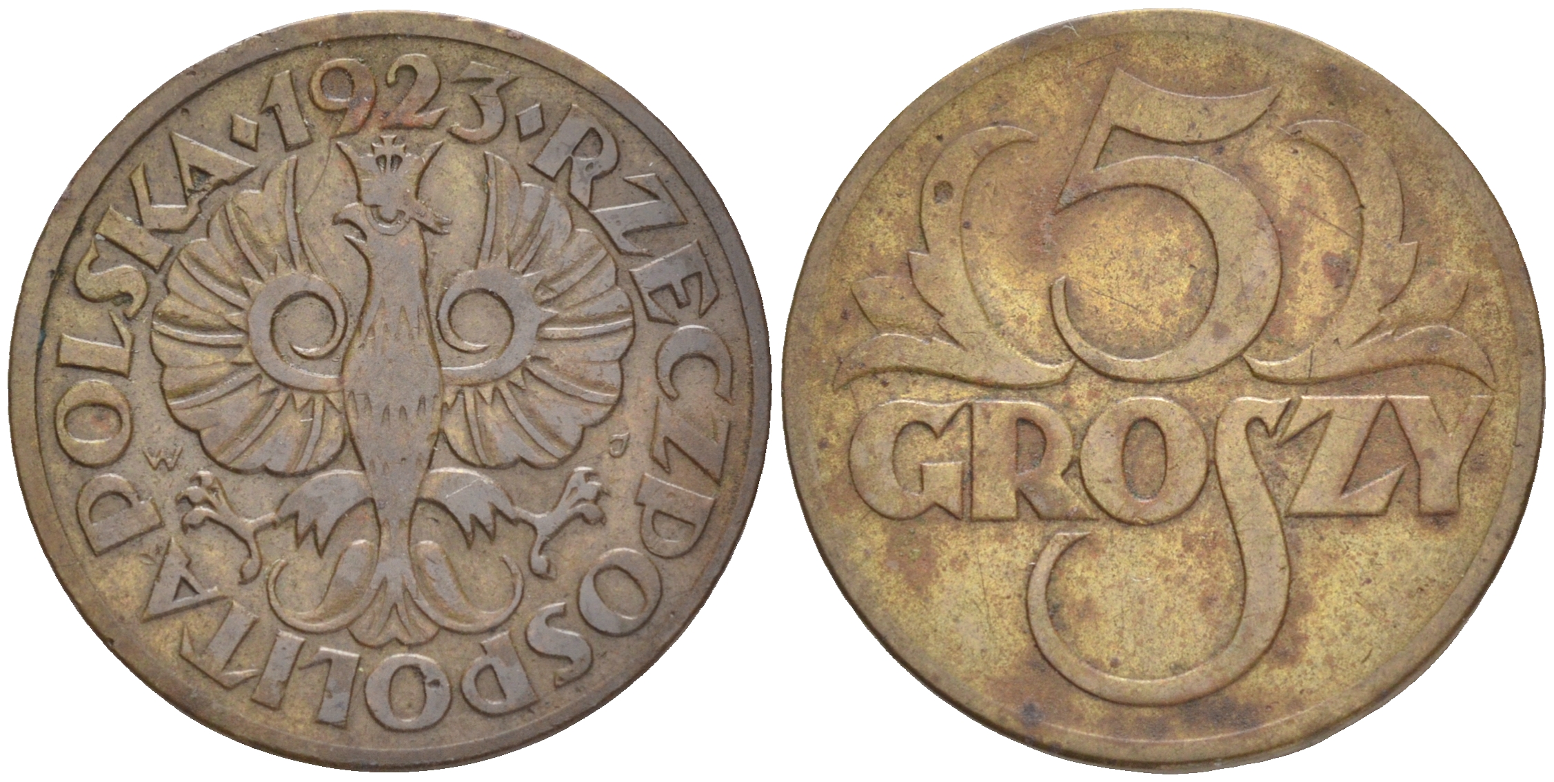 ПОЛЬША 5 ГРОШЕЙ 1923 KM 10 латунь 4516-1124