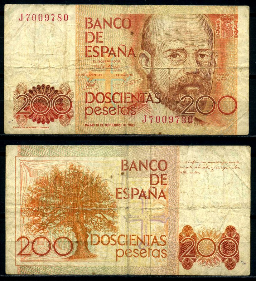 Испания 200 песет 1980 16 сентября 1980, Леопольдо Алас Pick 156 бумага 7203-58-3-2
