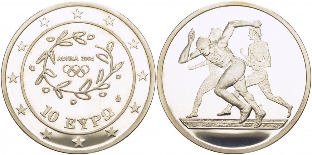 Греция 10 евро 2003 XXVIII летние Олимпийские игры 2004 года в Афинах, легкая атлетика, бег KM 190 серебро PROOF 1078-5-14