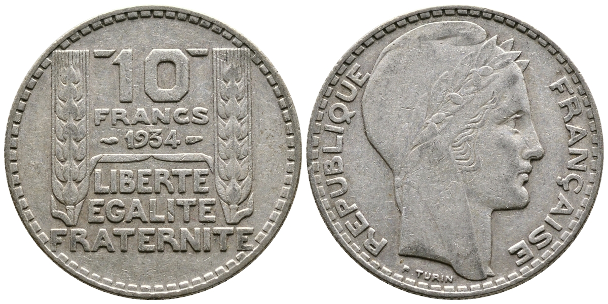 Франция 10 франков 1931 Пьер Тюрен KM 878, Le Franc 360.4 серебро 79-1524