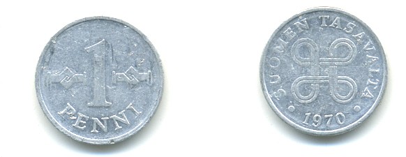 Финляндия 1 пенни 1970 KM 44а алюминий 80-834