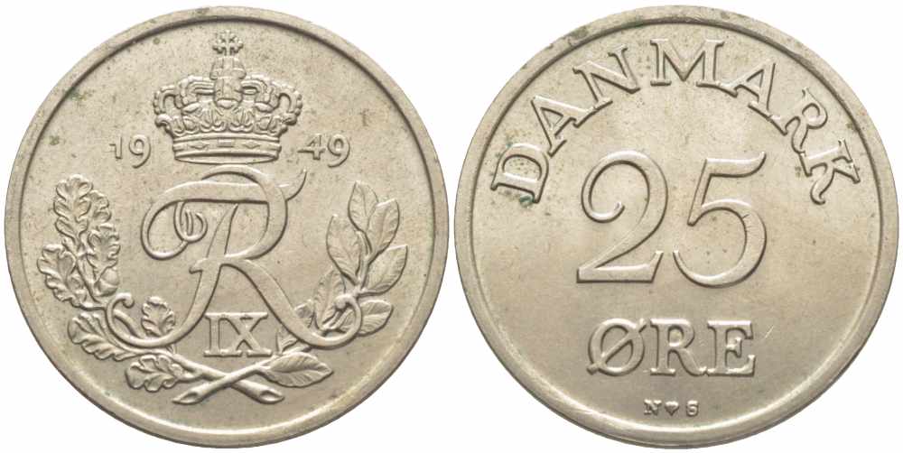Дания 25 эре 1949 N; S, Фредерик IX (1947-1972) KM 842.1 медно-никель 85-146