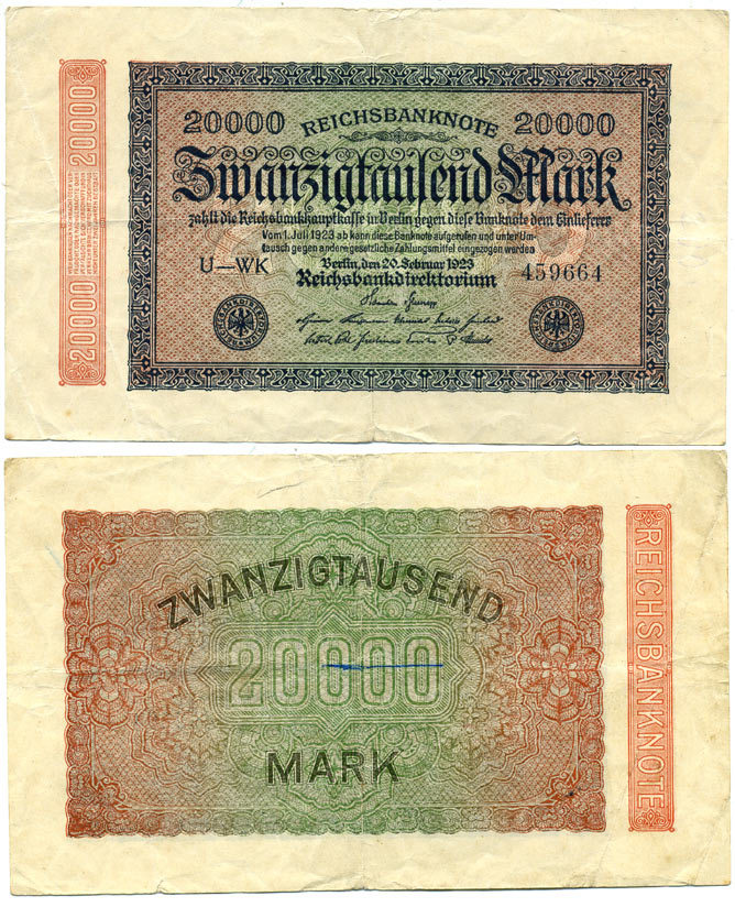 Германия 20000 марок 1923 20 февраля 1923, водянной знак L Pick 85 а  бумага   435-55-2-1