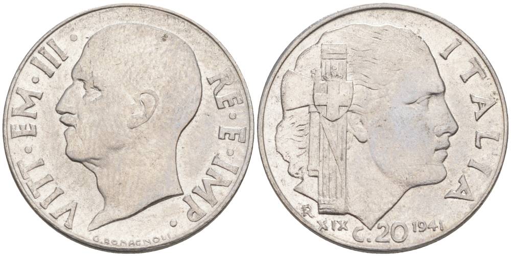 ИТАЛИЯ 20 ЧЕНТЕЗИМО 1941 R, ГОД XIX, ВИКТОР ЭММАНУИЛ III (1900-1946) KM 75b, VEM3. 1028 нержавеющая сталь 3853-615