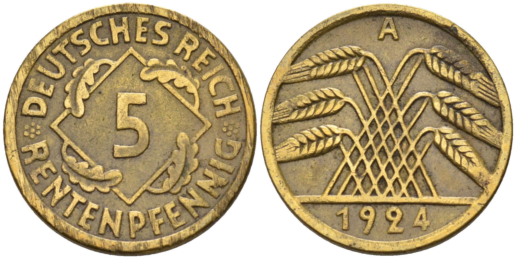 Германия 5 рентенпфеннигов 1924 A KM 32, J.308 алюминиевая бронза 4594-855