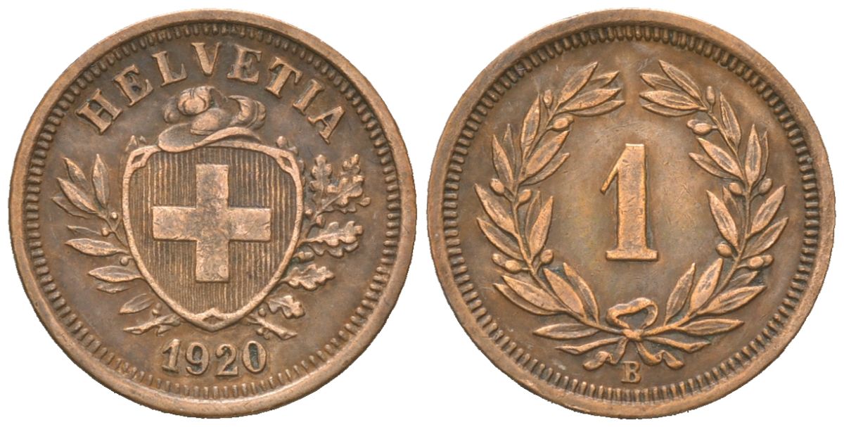 Швейцария 1 раппен 1920 B KM 3 бронза 4547-513