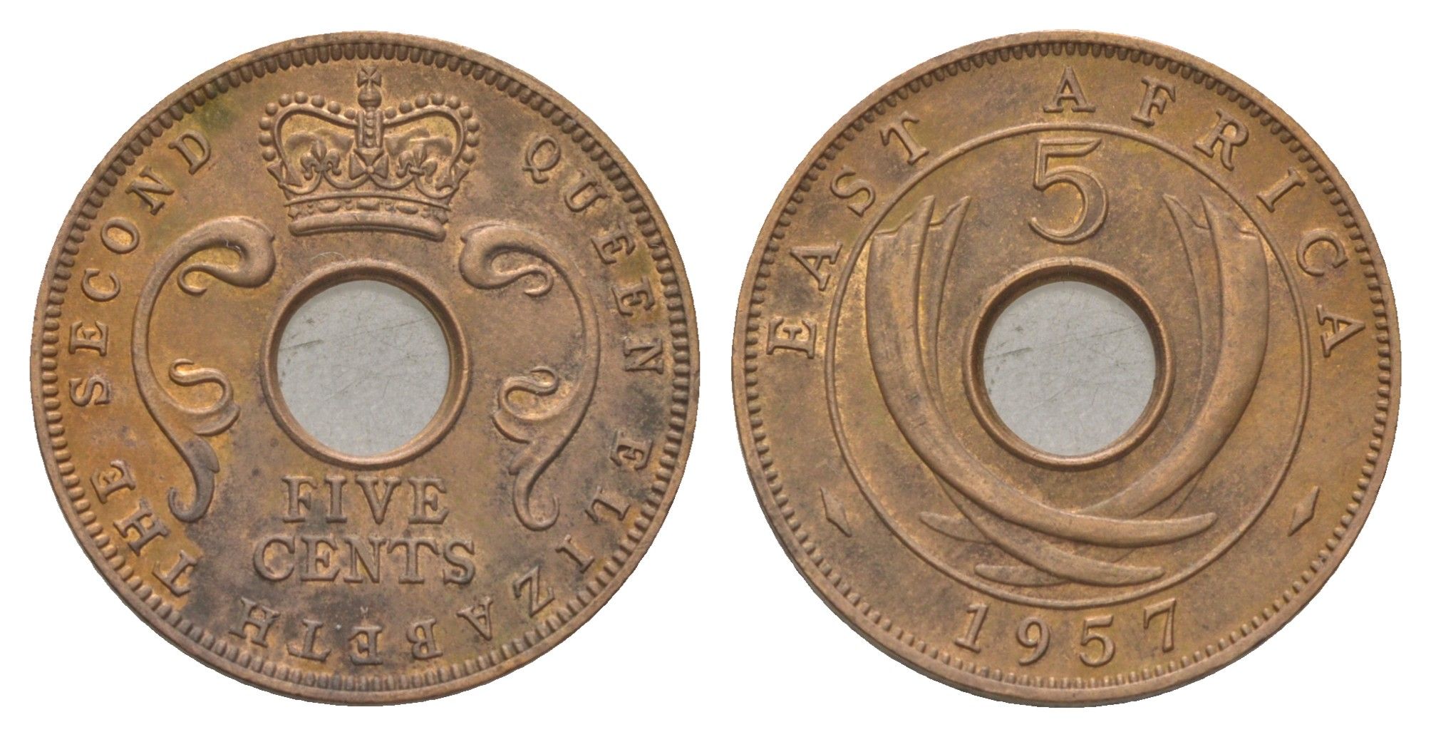 Британская Восточная Африка 5 центов 1957 H, Елизавета II (1952-2022) KM 37 бронза 4626-722
