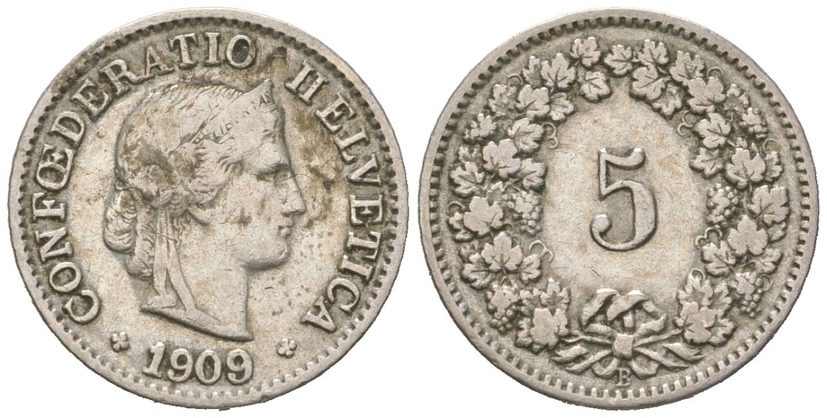 Швейцария 5 раппенов 1909 B KM 26 медно-никель 4160-415