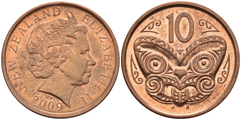Новая Зеландия 10 центов 2009 маска Маори, Елизавета II (1952-) KM 117а сталь плакированная медью 4114-225