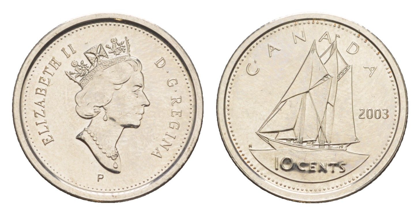 Канада 10 центов 2003 P, Елизавета II (1952-2022), парусник KM 183b сталь плакированная никелем UNC 4639-665