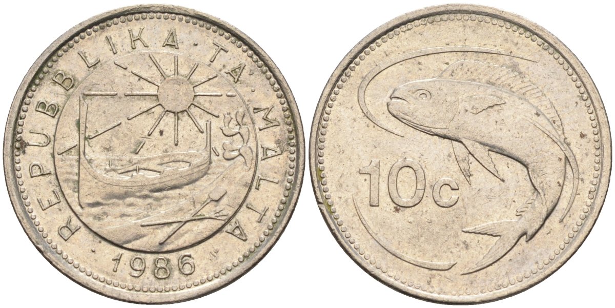 Мальта 10 центов 1986 золотая макрель KM 76 медно-никель 4588-163