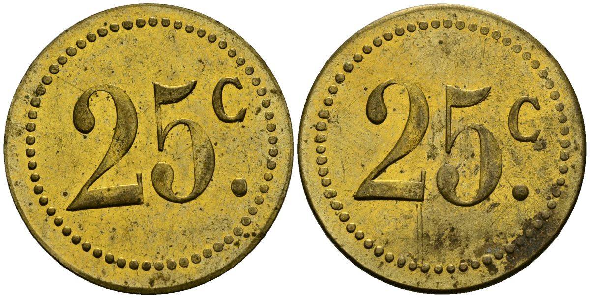 Франция 25†сантимов XIX-XX век ресторанный жетон латунь 4166-1116