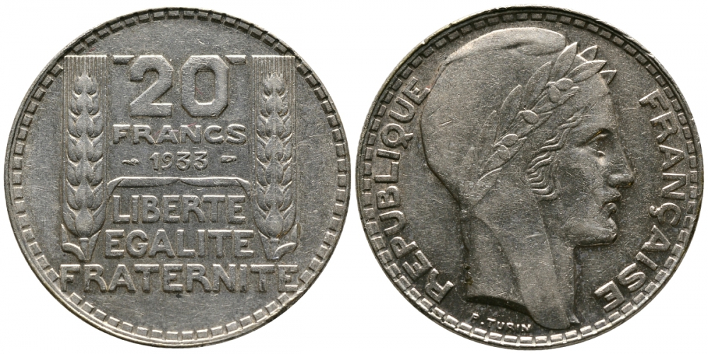 Франция 20 франков 1933 Пьер Тюрен KM 879, Le Franc 400.3 серебро 413-2835