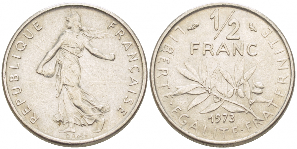ФРАНЦИЯ 1/2 ФРАНКА 1973 KM 931.1 никель 3309-1116