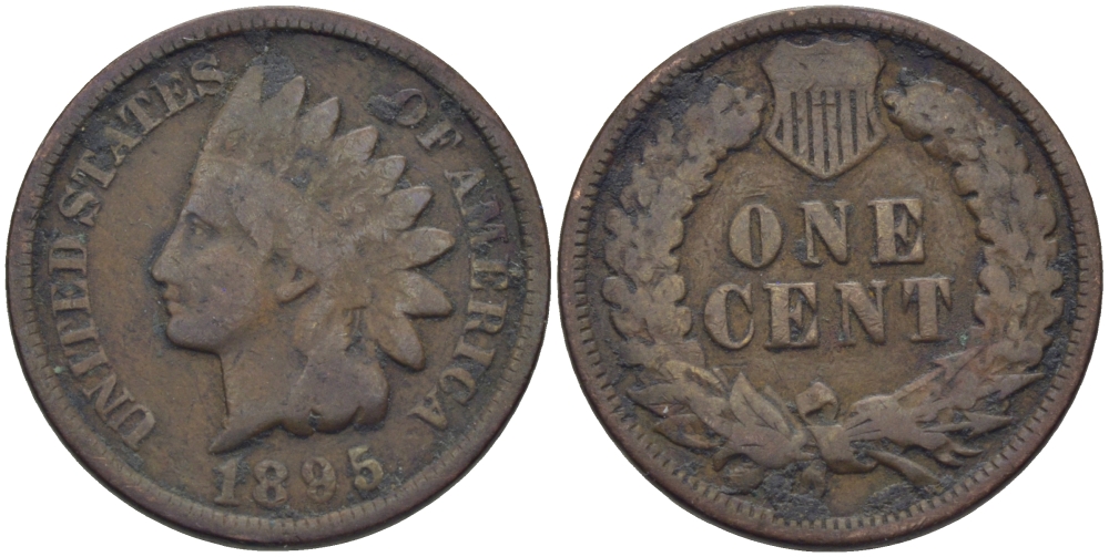 США 1 ЦЕНТ 1895 ГОЛОВА ИНДЕЙЦА KM 90а бронза 26-667