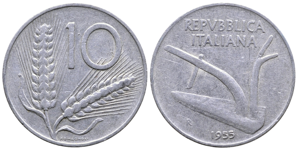 ИТАЛИЯ 10 ЛИР 1955 R, КОЛОСЬЯ, ПЛУГ KM 93 алюминий 4383-214