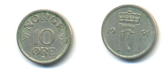 НОРВЕГИЯ 10 ЭРЕ 1951 ХОКОН VII KM 396 медно-никель 89-316
