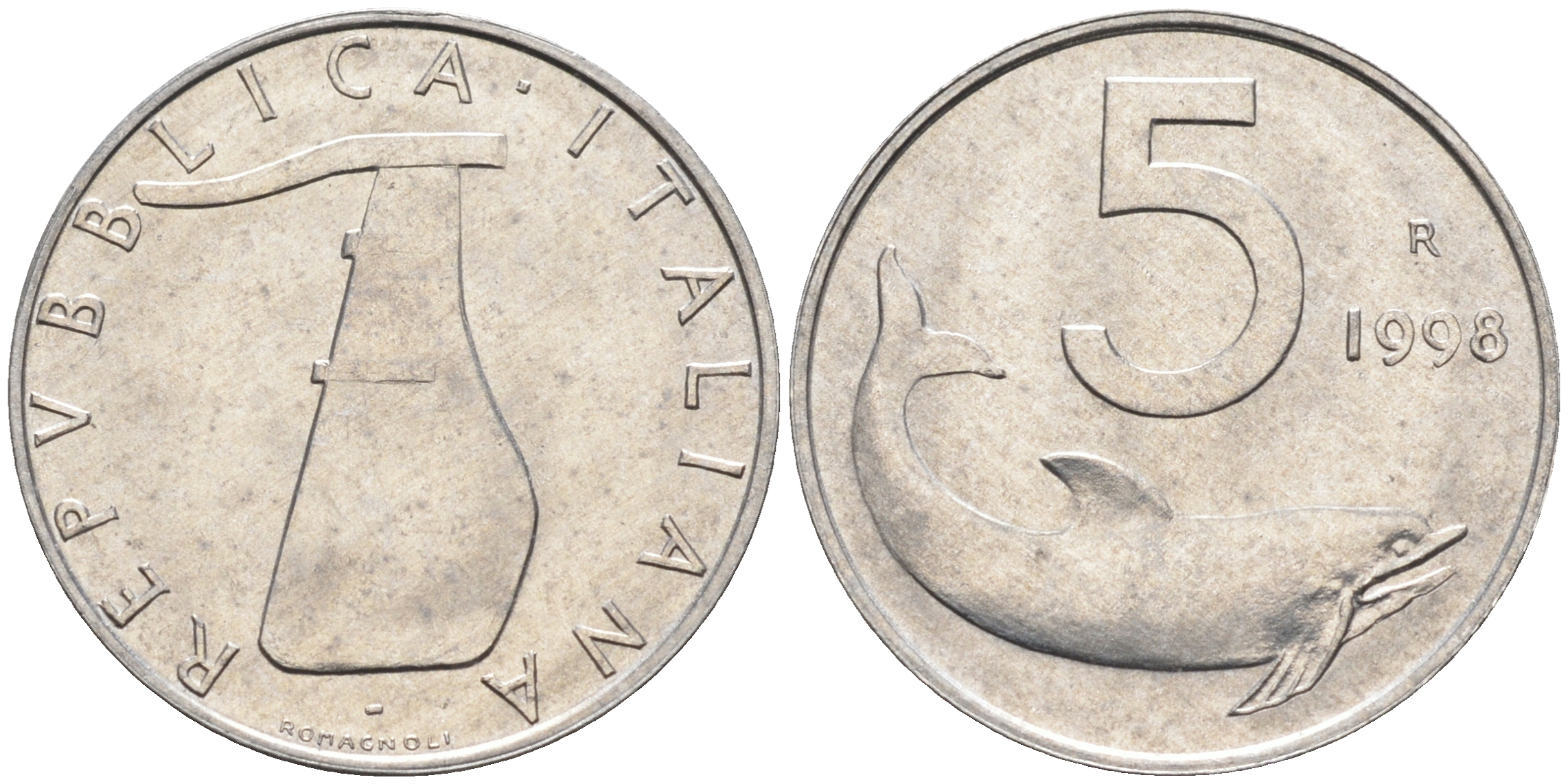Италия 5 лир 1998 R, дельфин KM 92 алюминий  UNC  4594-755