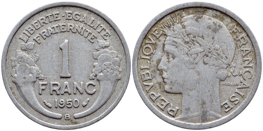 ФРАНЦИЯ 1 ФРАНК 1950 В KM 885а.2 алюминий 4397-657