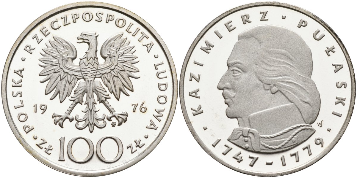Польша 100 злотых 1976 MW, Казимир Пулавский (1747-1779), в оригинальной упаковке KM 84, Parchimowicz 275 серебро PROOF 1097-1-33