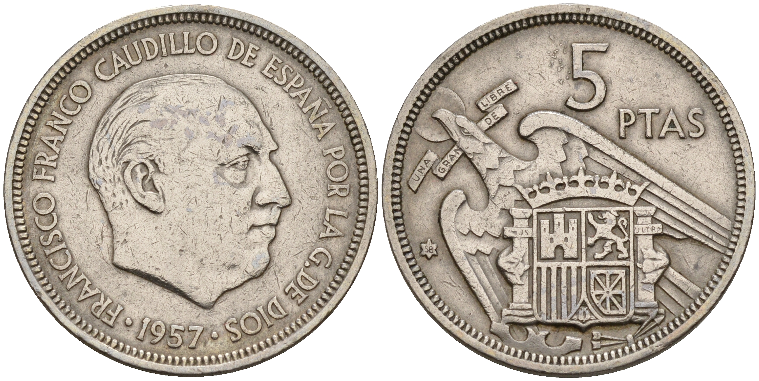 Испания 5 песет 1957 (58) Франсиско Франко (1939-1975) KM 786 медно-никель    4153-214